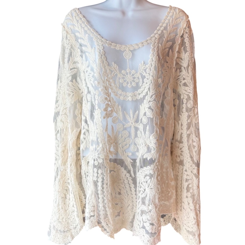 Simply Couture Lace Tunic Top Size XLarge Cream Sheer Boho Floral Overlay